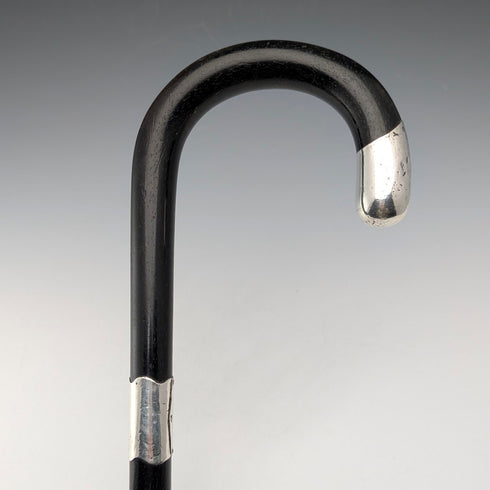 1912年 英国アンティーク 黒軸 曲がりハンドル 純銀装飾 ステッキ 杖 90cm J Howell&Co